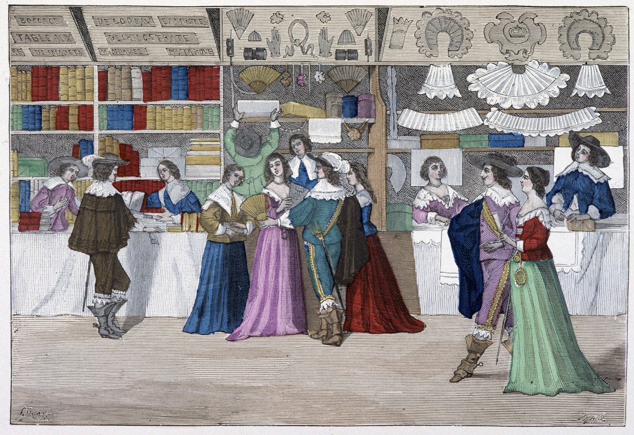 As butiques da galeria do tribunal sob Louis XIII - em "Paris através dos séculos". de French School