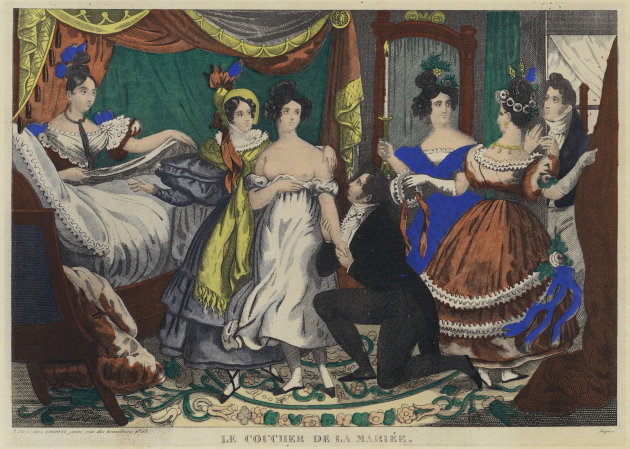 A hora de dormir da noiva (litografia a cores) de French School