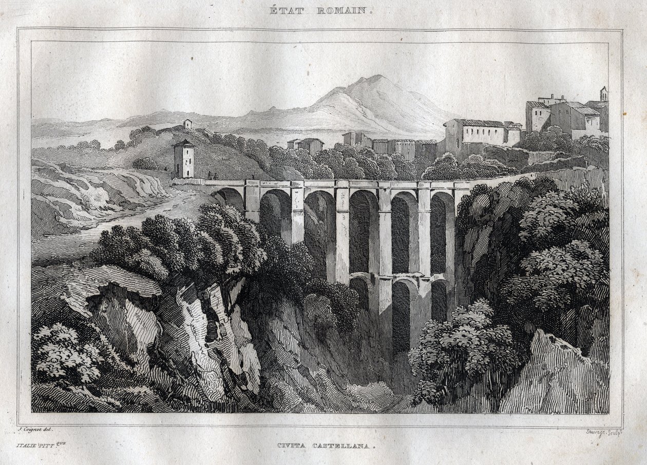 A ponte tem arcadas duplas - CIVITA CASTELLANA - Província de Viterbo - Itália - Gravura de "Itália Pitoresca" - Pintura Histórica e Descritiva da Itália" de M. de Norvins, Ch. Nodier 1834-1836. de French School