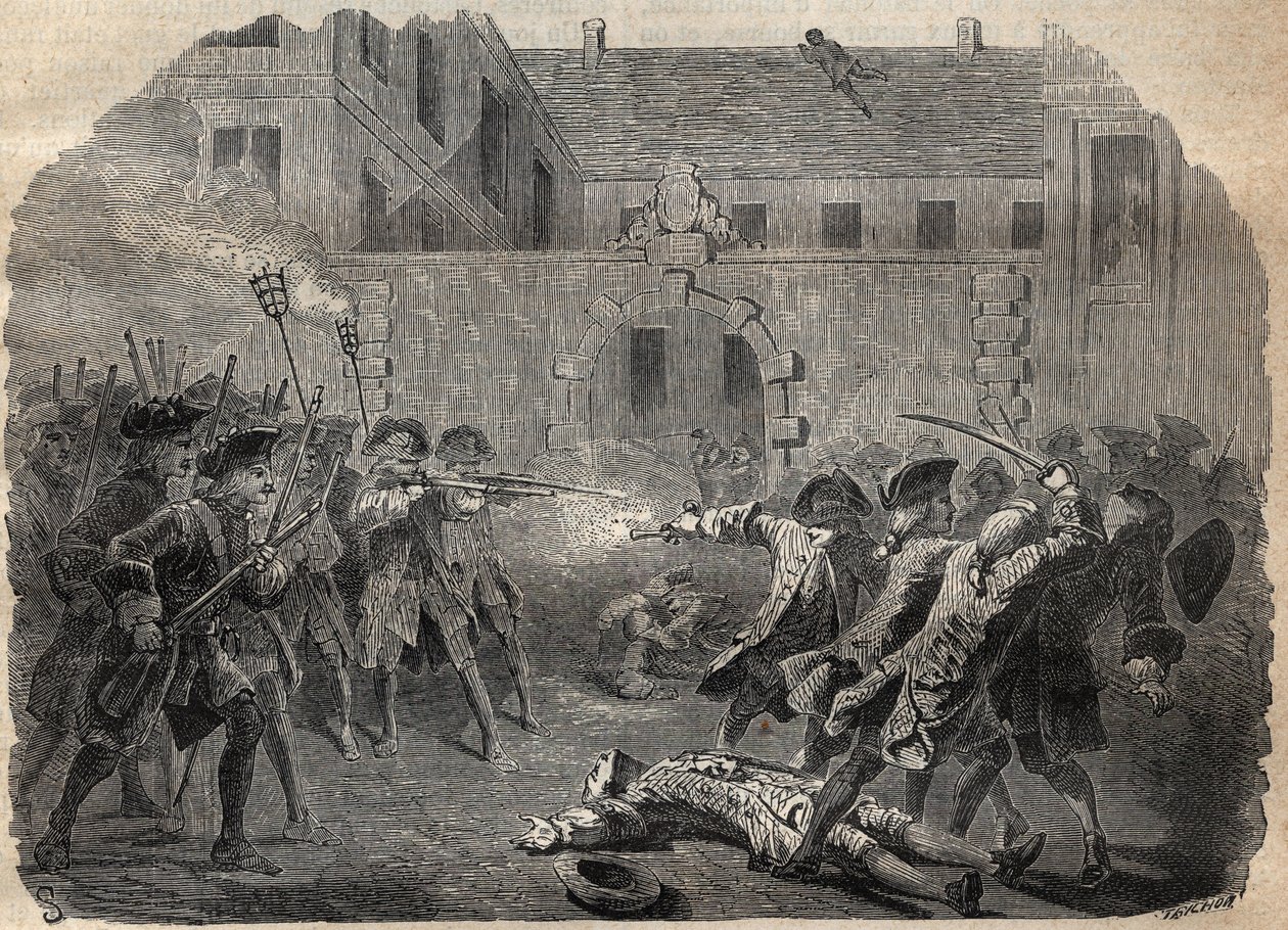 O bandido Louis Dominique Garthausen dit Cartridge (1693-1721) e seus companheiros que vão desuitalizar o Hotel Desmaretz em Paris, são surpreendidos e atacados pelos arqueiros após uma luta feroz, eles fogem pelos telhados - o bandido francês Louis Domini de French School