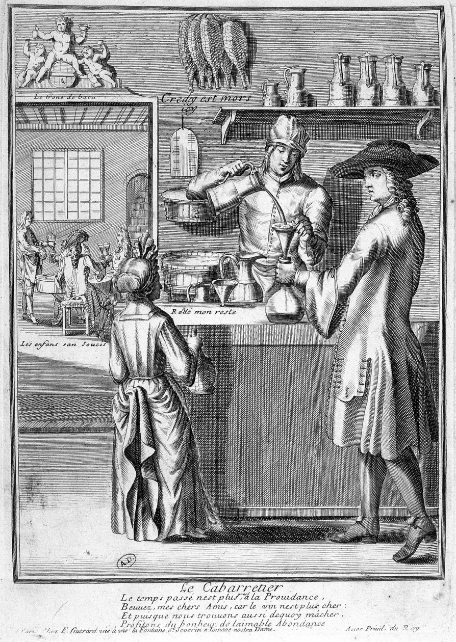 O cabaretier que prepara o decanter do vinho - gravura de French School