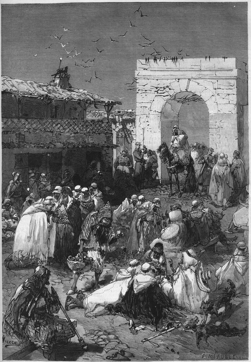 Os caids e djemmas do círculo de Saida na Argélia trazem para o escritório árabe os seus presentes destinados a redimir os departamentos franceses ocupados pela Alemanha desde o fim da Guerra de 1870. Gravura no "Le Monde Illustré" n°784 de 20 de Abril de  de French School