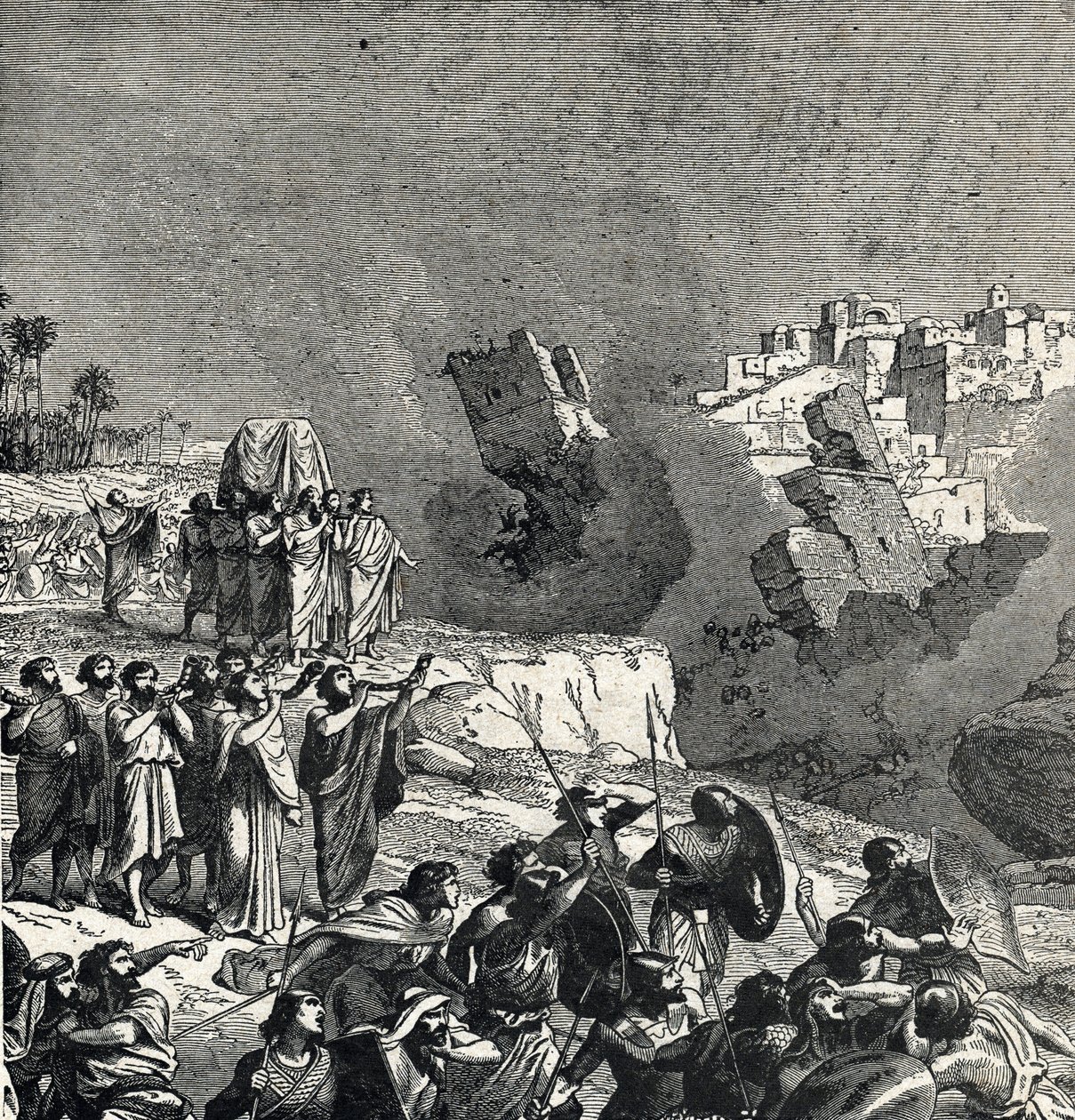 A captura de Jericó durante a qual o povo de Israel faz soar as suas trombetas debaixo das muralhas da cidade cujo acesso lhes é proibido, Ce son fait fait les murs de la ville (A Batalha de Jericó a primeira batalha dos israelitas na sua conquista de de French School