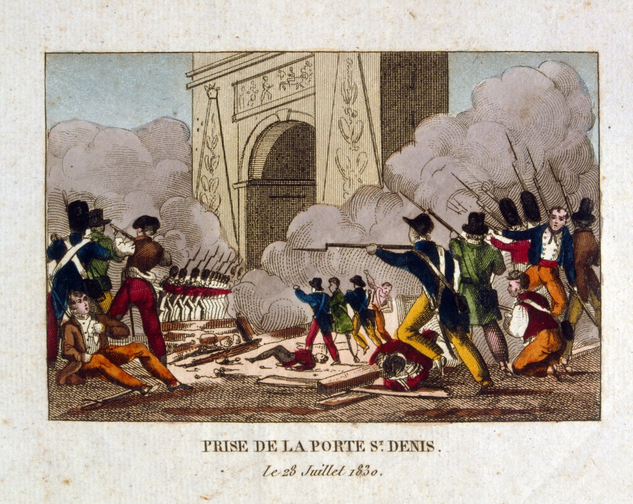 A tomada da Porta de Saint Denis, em Paris, durante a Revolução Francesa de 1830 de French School