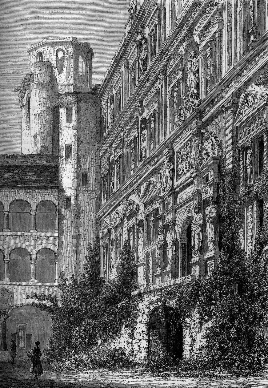 O castelo de Heidelberg, na Alemanha, lar de um dos mais famosos universais da Europa do século XIX. Gravura na ilustre revista "La jeunesse". de French School