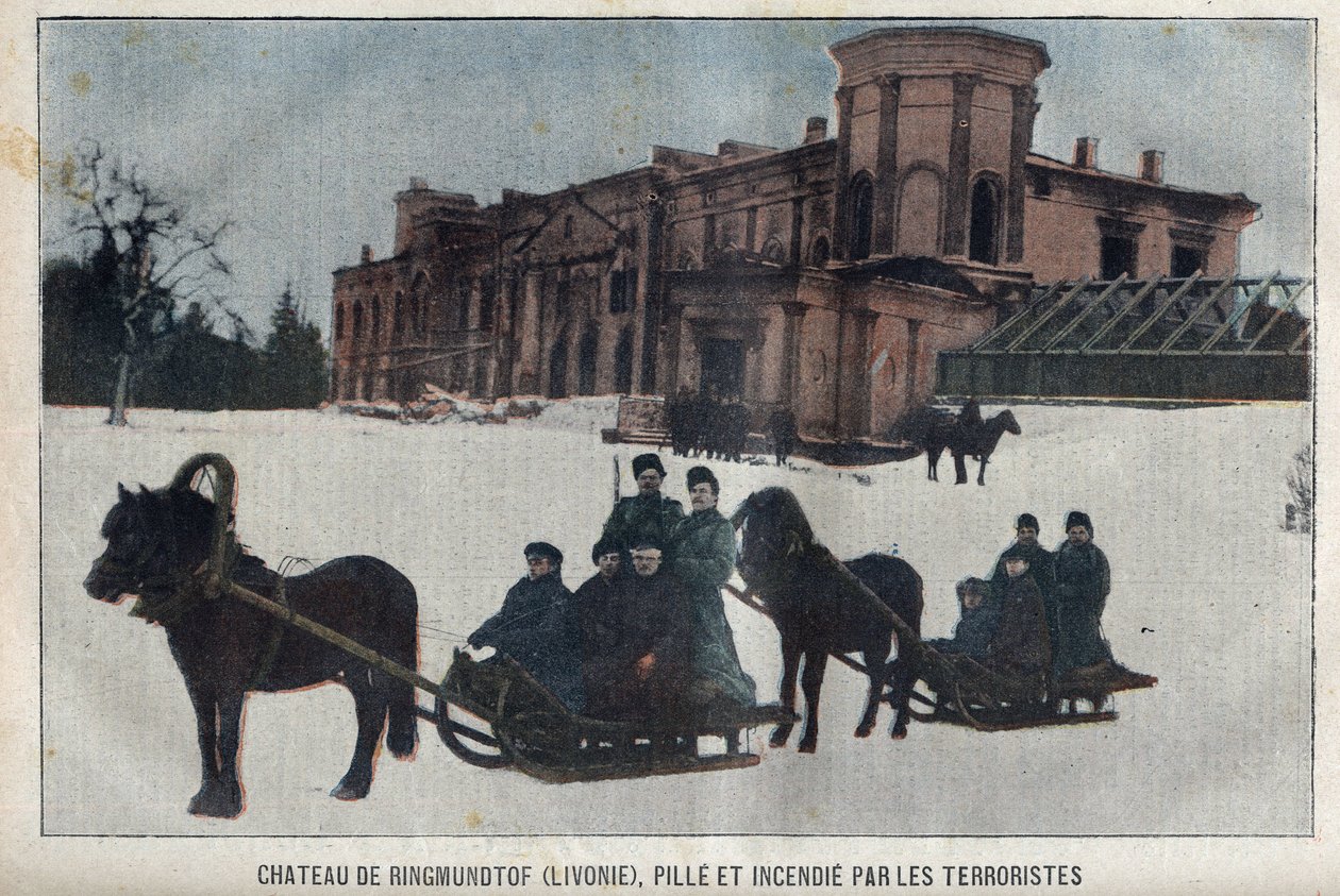 O castelo de Ringmundtof, na Livónia, saqueado e incendiado por revolucionários anarquistas russos. Rússia de French School