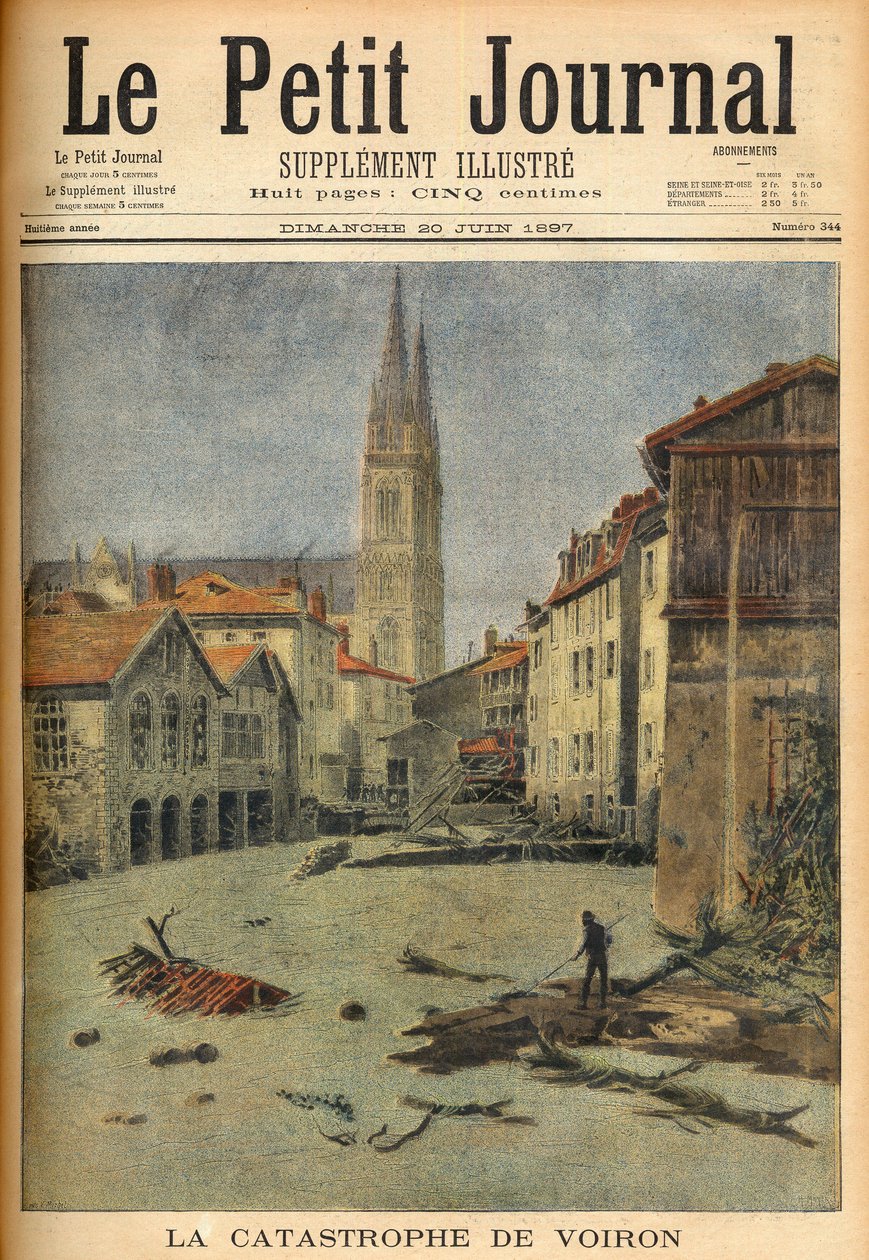 A catástrofe (inundação) da aldeia de Voiron (Isère) França em "Le Petit Journal", 20 de Junho de 1897 (gravura) de French School