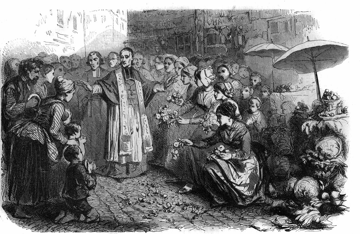 A cólera em Roma: O papa Gregoire XVI (1765-1846) ordenou procissões, rogações e bênçãos para parar a marcha da cólera. Gravação no "Histoire des Papes-Rois-Queen and Empereurs a travessa les centuries" de Maurice Lachatre de French School