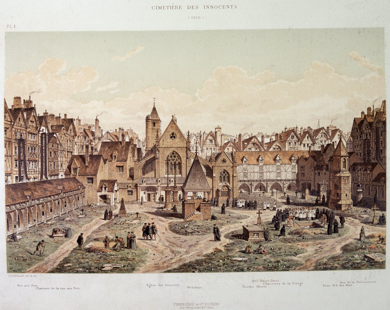 A igreja e o cemitério dos Inocentes em 1550 - em "Paris a travessa les idades", no final do século XIX. de French School