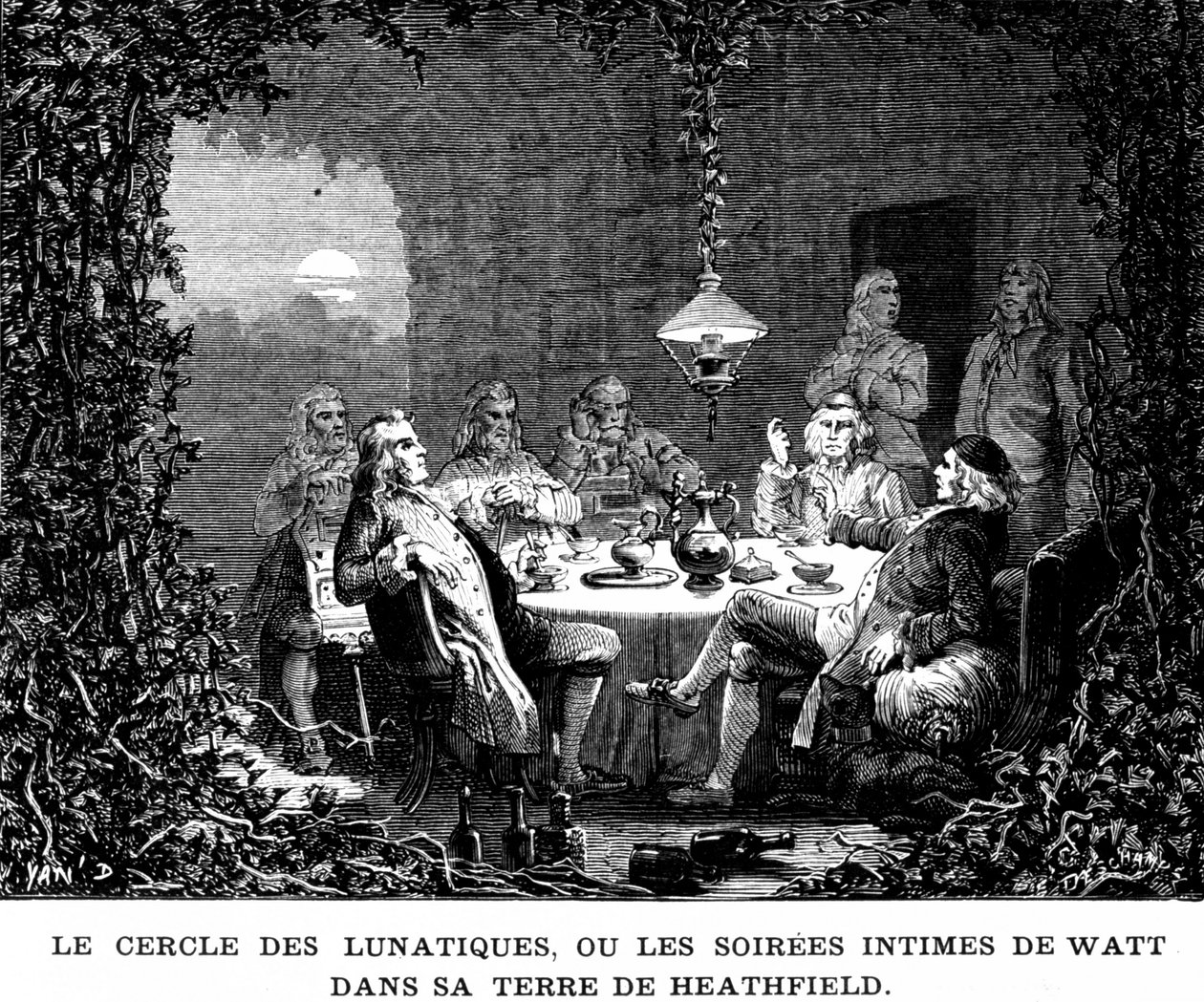 O círculo de lunáticos, ou as noites íntimas de Watt na terra de Heathfield - no "Álbum da Ciência; ilustres estudiosos; Grandes descobertas" 1896. de French School