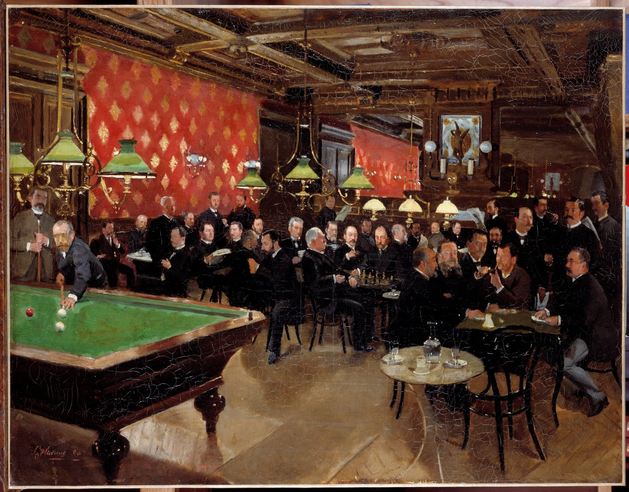 O círculo da união republicana: os membros da união republicana se reuniram no café para conversar, jogar bilhar na época da 3ª República. A pintura anónima de French School