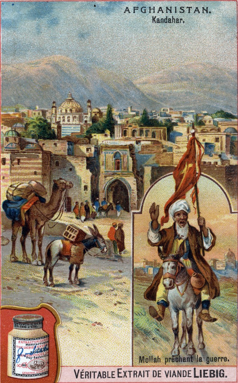 A cidade de Kandahar, no Afeganistão, com o Mullah a pregar a guerra. A cromolitografia publicitária do século XIX. de French School