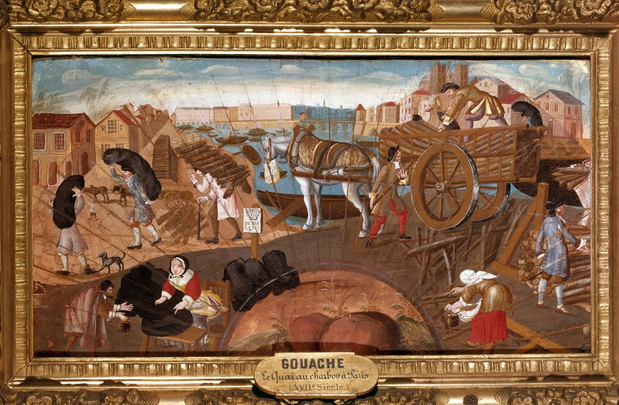 A doca do carvão em Paris Cena do comércio do carvão nas ruas de Paris. Pintura anónima de fãs da Escola Francesa do século XVII. Reims, Musee Saint Denis de French School