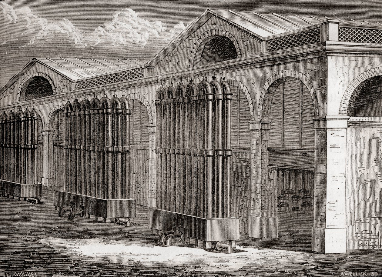 A fábrica de condensador de gás de carvão em La Villette, Paris, França no século XIX, de "Les Merveilles de la Science", publicado c.1870 (gravura) de French School