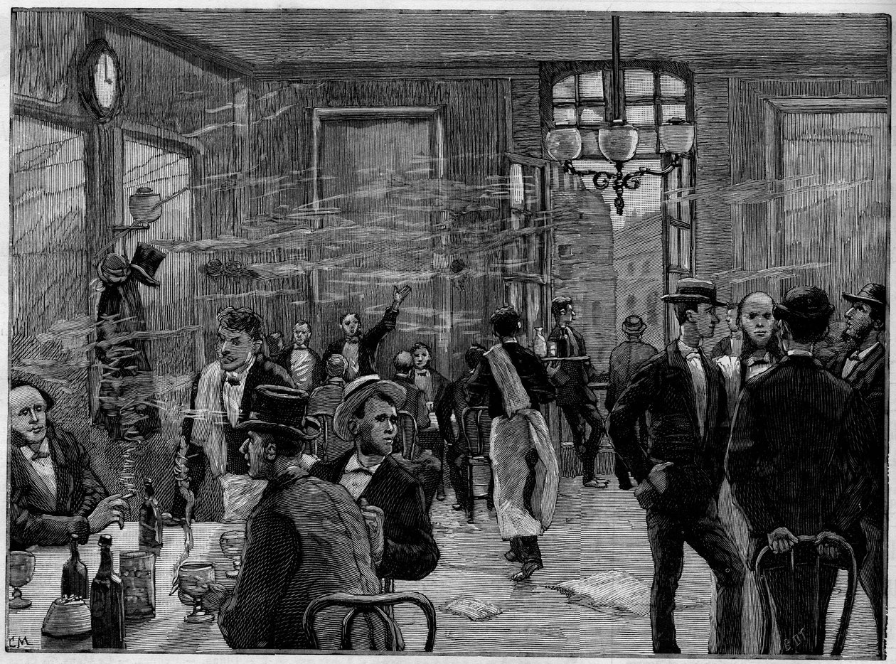 Os rapazes do café num estabelecimento na Rue Montmartre em Paris, em "The Illustrous World" 1886. de French School