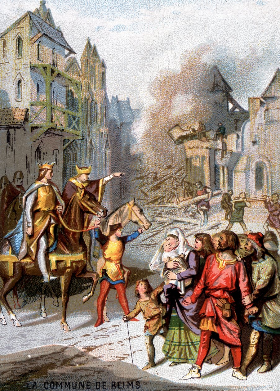 A comuna de Reims (1160) - Represálias de Luís VII para destruir as liberdades comunitárias dos burgueses de Reims. Cromolitografia da série "Educação Patriótica pela Imagem". de French School