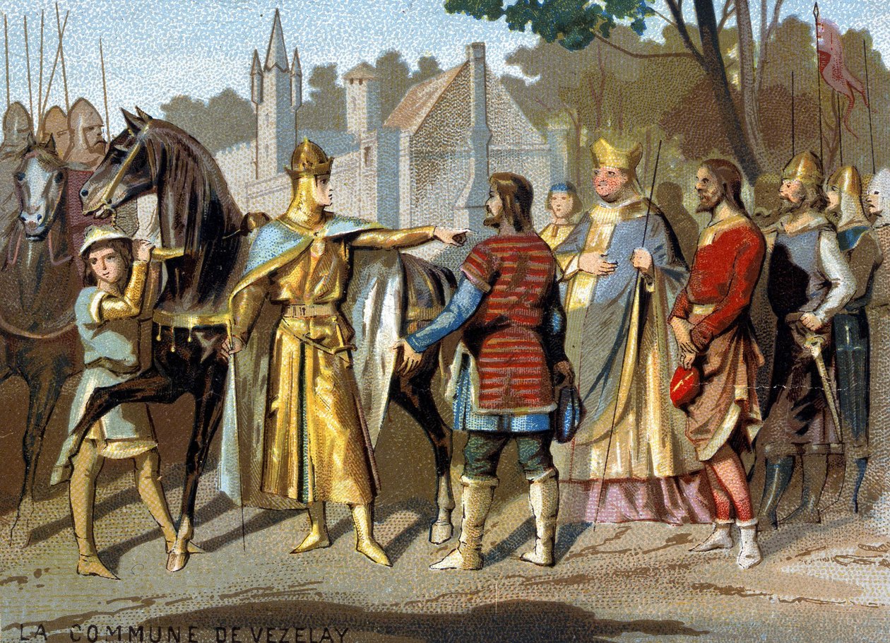 A comuna de Vezelay (1153): os Abades Pons, o Conde de Nevers e os magistrados de Vezelay antes de Luís VII em Moret, perto da floresta de Fontainebleau, decidindo o desaparecimento da comuna. Cromolitografia da série "Patriotic Educatio de French School