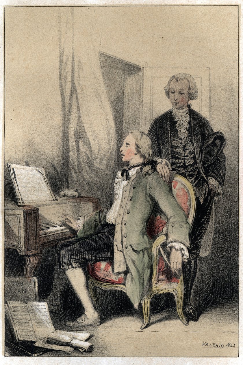 O compositor Wolfgang Amadeus Mozart (1756-1791) que compõe o réquiem. Placa retirada de "Scenes de la vie des hommes famous" gravada em duas tonalidades por Valerio. 1843. de French School