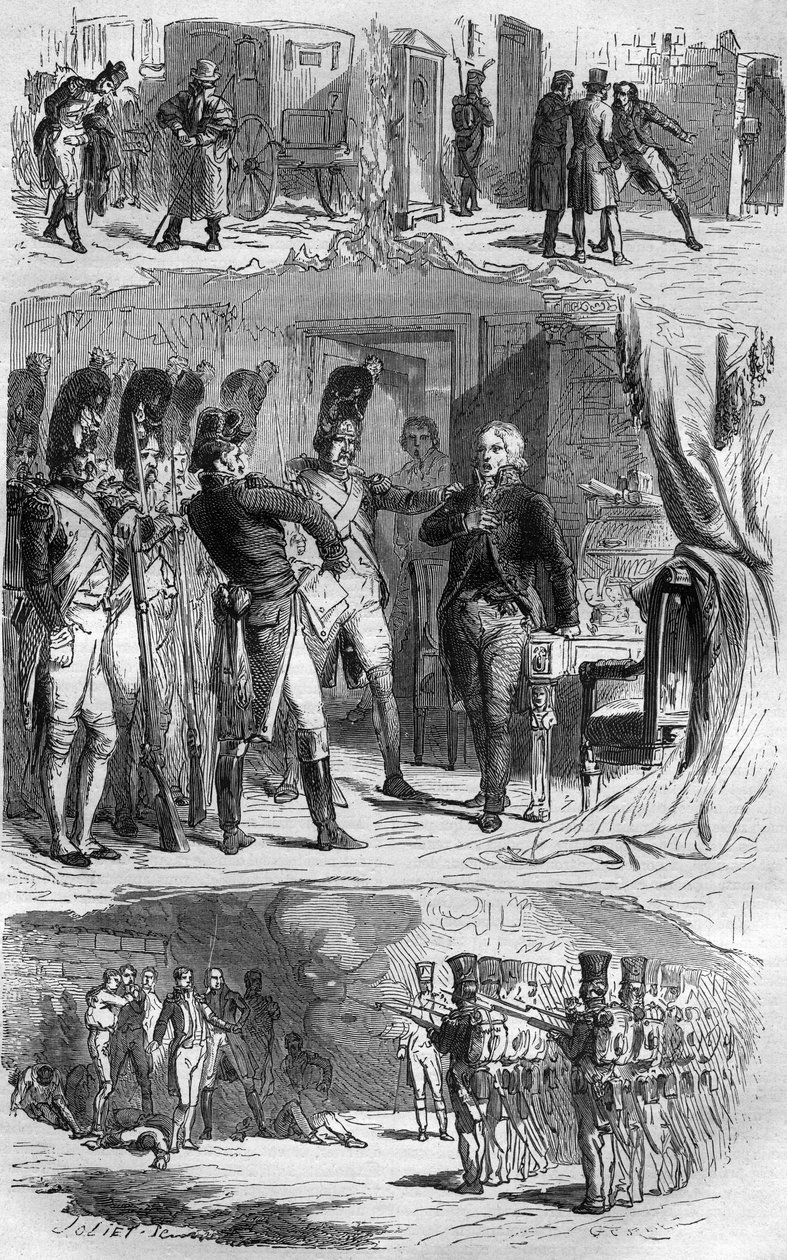 A conspiração de Claude François de Malet (Claude-Francois Malet) (1754-1812) general do Império, autor do golpe de Estado de 1812 contra Napoleão, durante o retiro russo. Gravura no "Histoire des Papes-Rois-Queen and Empereurs a travessa les centuries de French School