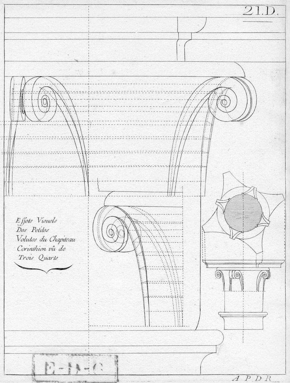 A capital coríntia, ilustração de um livro sobre geometria, século XVIII ou XIX, publicou Avec Privilege du Roy et E .. du Gouvernement de French School