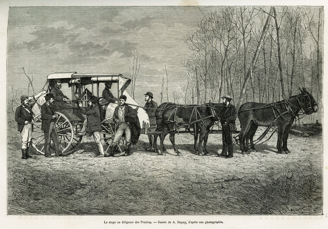 O percurso ou diligência sobre o cavalo das pradarias, desenho de A. Dupuis, para ilustrar a história de uma excursão ao Canadá e ao rio vermelho norte, em 1873, por H. de Lamotte. Gravura em Le tour du monde de French School