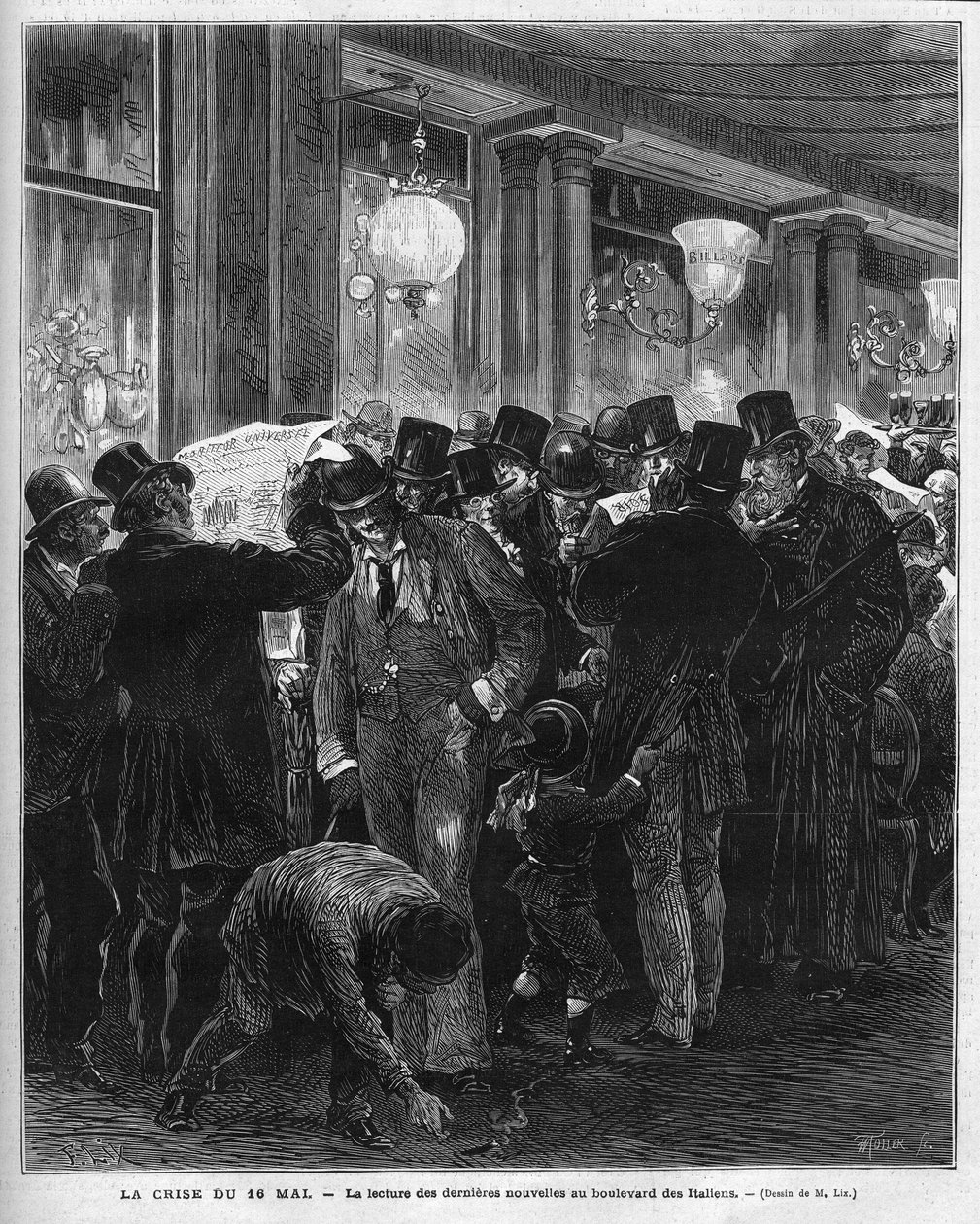A crise de 16 de Maio de 1877: leitura das últimas notícias sobre a boulevard des Italians em Paris. Esta crise política francesa é o resultado da carta de Mac Mahon (Mac-Mahon) criticando a atitude do Presidente do Conselho Jules Simon, que acabará por se de French School