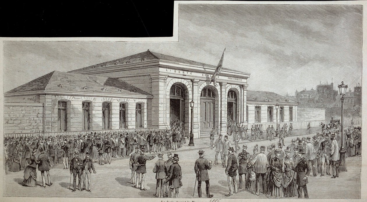 A multidão em frente à morgue de Paris em 1886. de French School
