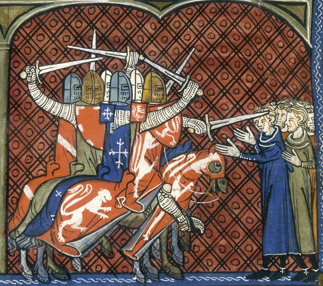 A cruzada contra os Albigenses, c1325-c1350. Soldados a cavalo empunhando espadas atacam um grupo de Albigenses. O Papa Inocêncio III pregou uma guerra santa contra os cristãos albigenses, pois temia a propagação das suas crenças. Em 1209 ele ordenou a de French School