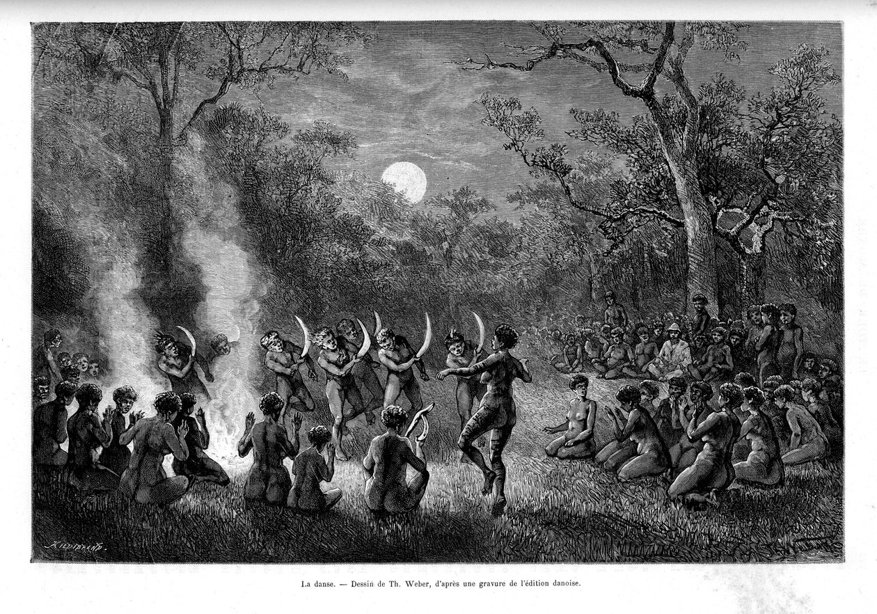 A dança do bumerangue ao redor do fogo entre o povo aborígine da Austrália - em "Tour du Monde". de French School