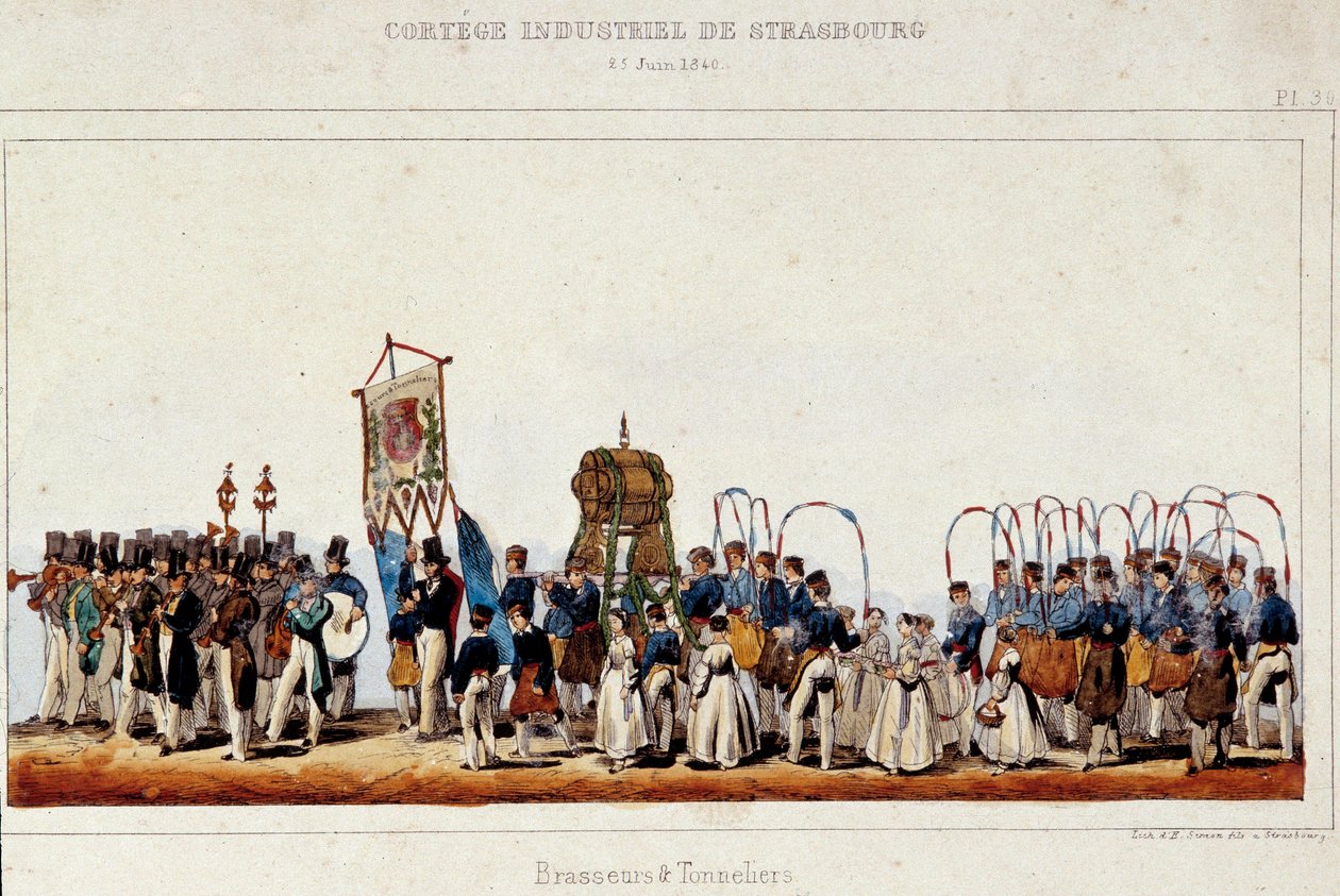 A dança dos cervejeiros e das cooperativas durante o cortejo industrial em Estrasburgo, em 25/06/1840. Litografia de Simon de French School