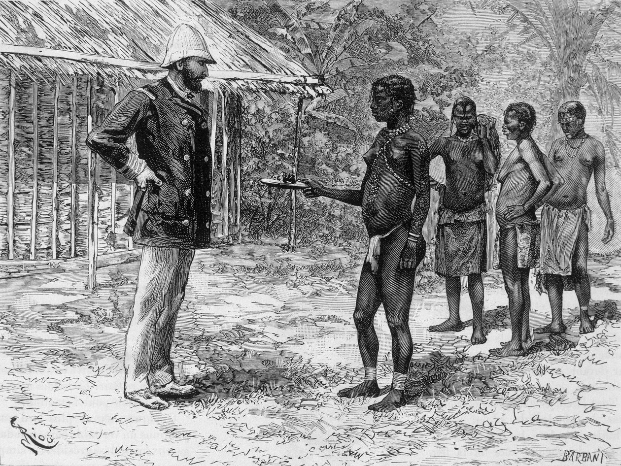 A filha de Libossi apresenta a M. de Brazza um prato de lagartas - em "Tour du Monde", 2ª semana de 1888 de French School