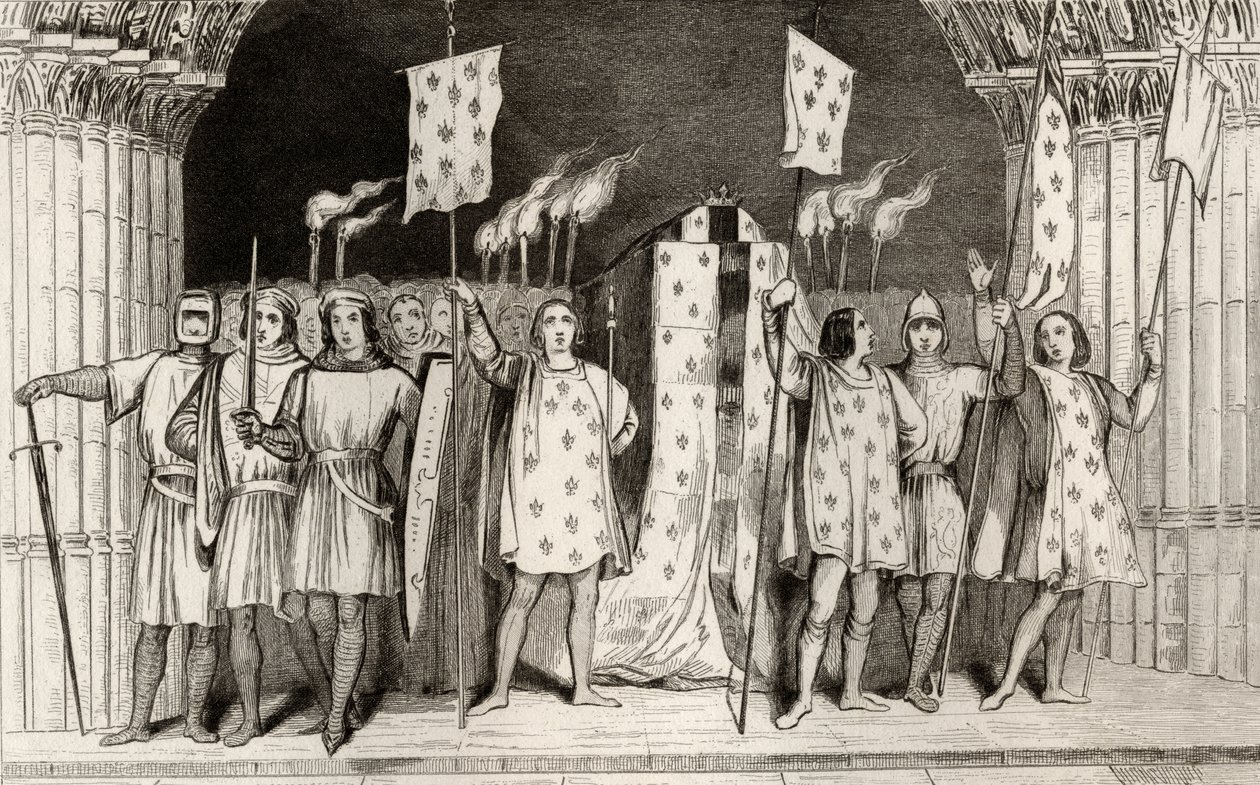 O infante morto Jean I (1316) o póstumo proclamou rei em seu funeral, de &39;Histoire de France&39; por Colart, publicado c.1840 de French School