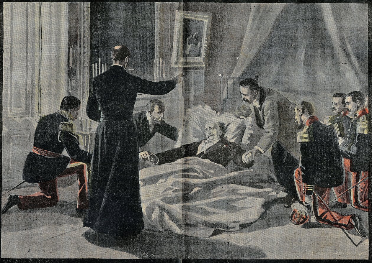A morte de Felix Faure (1841-1899), presidente da França, Abbe Renault deu-lhe a absolvição. Gravura em "Le Pelerin" 26/02/1899. de French School