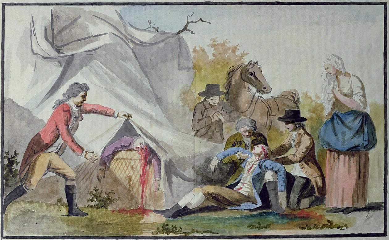 A morte de François Pilatre de Rozier (1754-85) perto de Boulogne, em 15 de junho de 1785, depois de tentar atravessar o canal em um balão Mongolfiere de French School