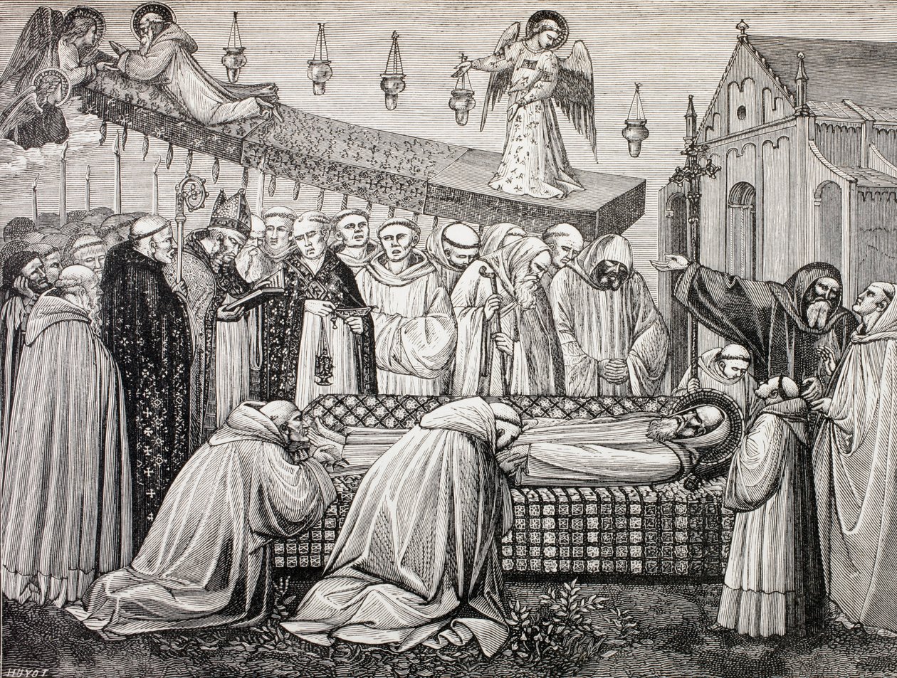 A morte de São Bento de Núrsia na Abadia de Monte Cassino, de "A vida militar e religiosa na Idade Média", de Paul Lacroix, publicada em Londres, c.1880 de French School