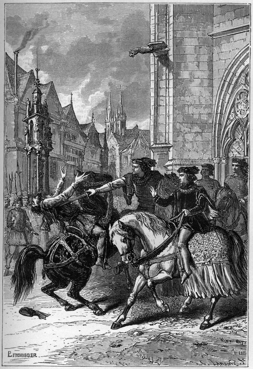 A morte de Wat Tyler em Smithfield, Londres, em 1381 durante a Revolta dos Camponeses - Morte de Wat (ou Walter) Tyler, Revolucionário Inglês, em Smithfield, durante a Revolta dos Camponeses, Londres de French School