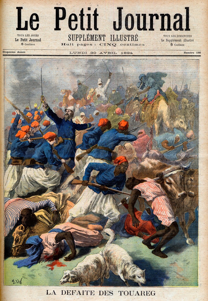 A derrota dos Tuaregue. Tropas coloniais francesas sob o comando do Tenente-Coronel Joseph Joffre (1852-1931) - A Derrota do Tuaregue. Ilustração para Le Petit Journal, 30 de Abril de 1894 (gravura) de French School