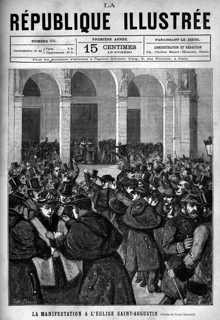 A manifestação na Igreja de Santo Agostinho (Saint-Augustine) em Paris: aquecida entre a polícia parisiense e manifestantes hostis aos decretos de março de 1880, tomados por Jules Ferry, que suprimem o direito de ensinar congregações religiosas não autoriz de French School