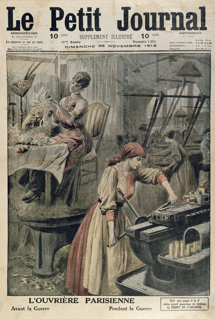 Os diferentes tipos de trabalho para mulheres parisienses antes e durante a 1ª Guerra Mundial, cobrem a ilustração do Le Petit Journal, 26 de novembro de 1916 de French School