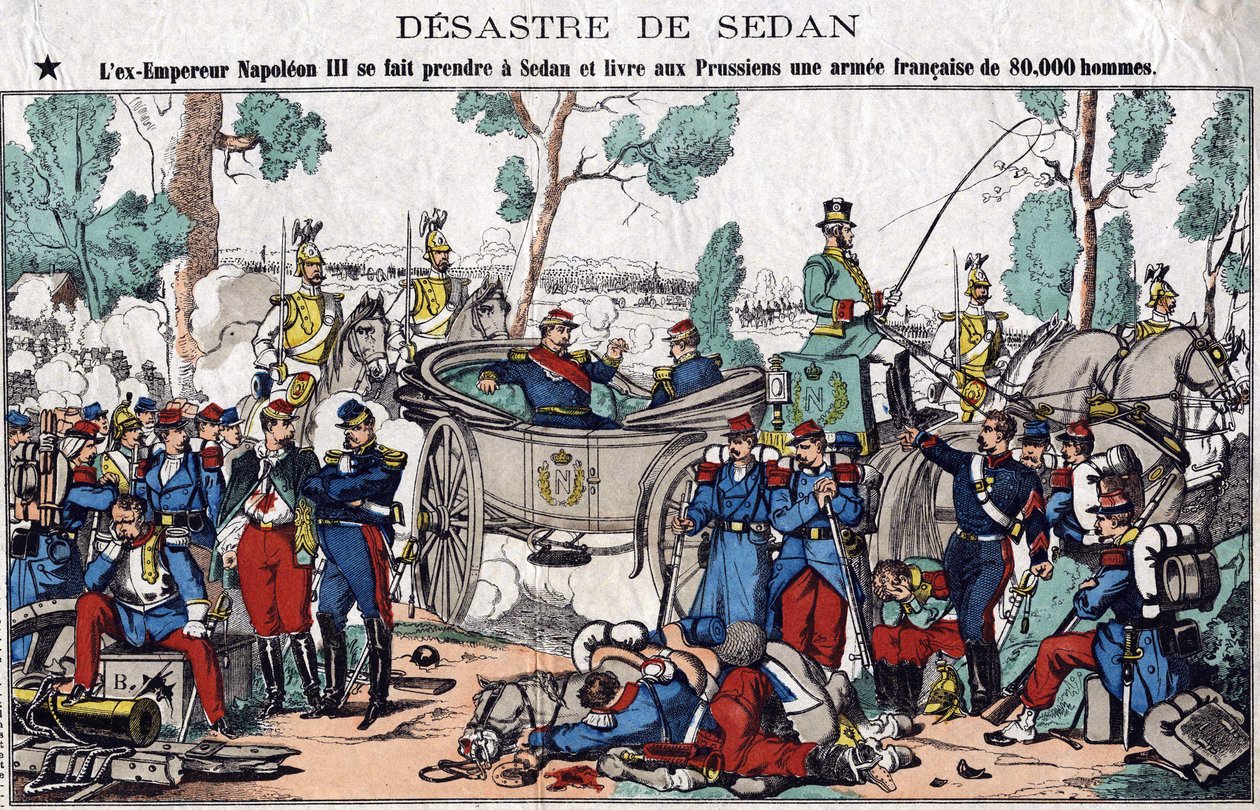 O desastre de Sedan; o ex-Emperador Napoleão III é apanhado em Sedan e entrega aos prussianos um exército francês de 80.000 homens, imagem de uma espinha dorsal do século XIX. de French School