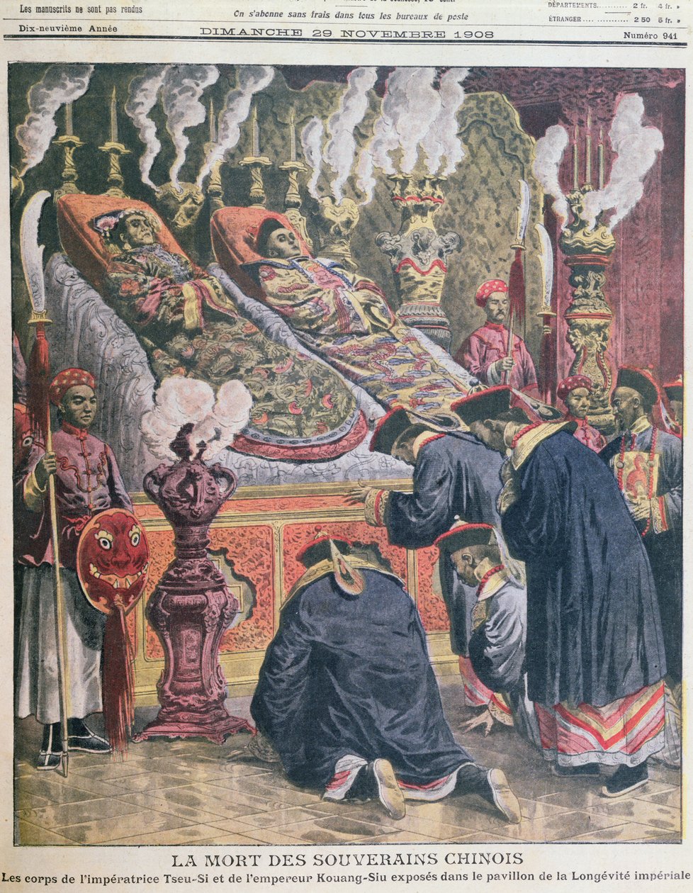 A exibição dos corpos do Imperador Kouang-Siu (1872-1908) e sua tia Imperatriz Tseu-Hi (1835-1908) no pavilhão da longevidade imperial, ilustração do Le Petit Journal 1908 (cor lith de French School