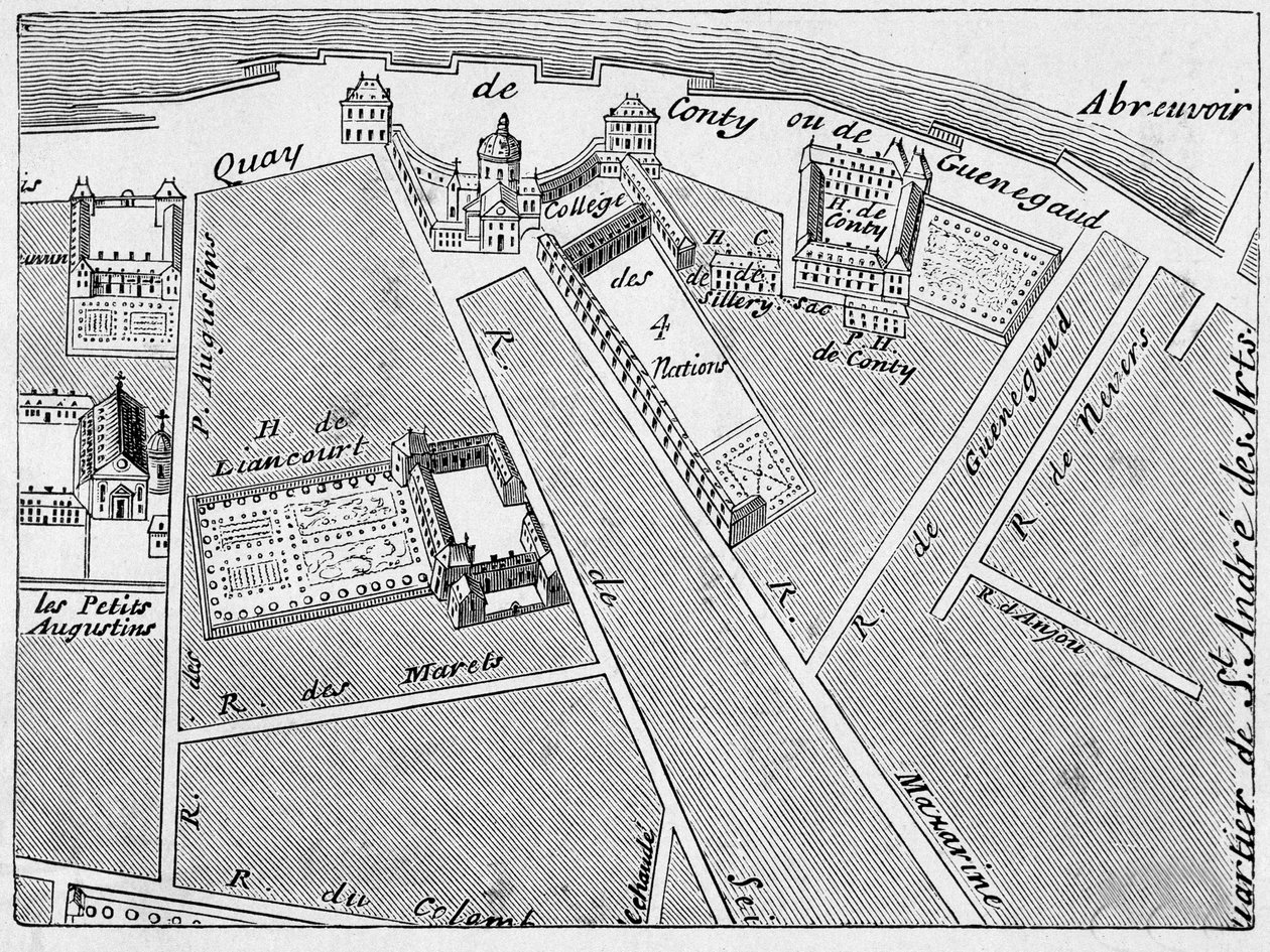 O distrito do College des Quatre Nations (Quatro Nações) e o hotel Conti-Fac-Simile no plano de J. de la Caille de French School