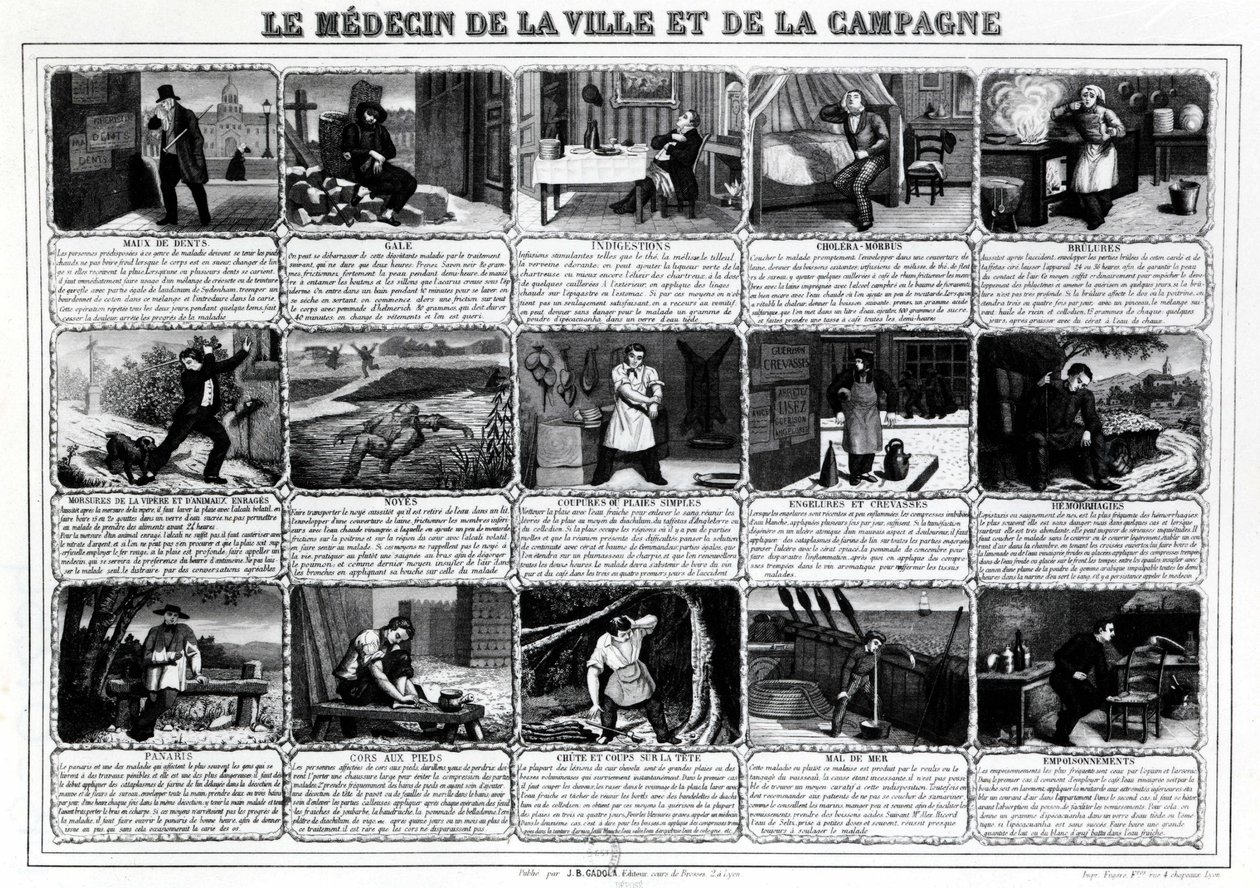 O médico da cidade e do campo e seus diferentes pacientes, publicado por J.B. Gadolachez Cours de Brosses em Lyon, no final do dia 19. ¿ de French School