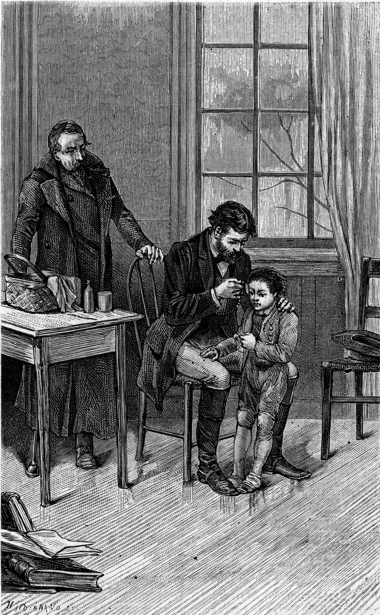 O médico estava marmoreando: um médico examina o ouvido de uma criança surda. Gravura ilustrando o novo "O tapete dos quatro facardins" de Mme de Vitt, nee Guizot. No "Le Journal de la jeunesse". de French School