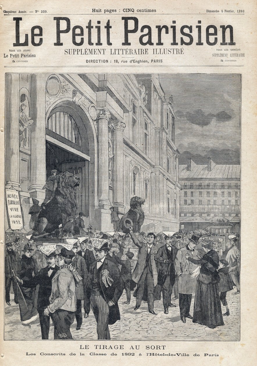 O sorteio: os conscritos da turma de 1892 na prefeitura de Paris. Um dos jornais " Le petit Parisien" em 5/02/1893 (gravura) de French School