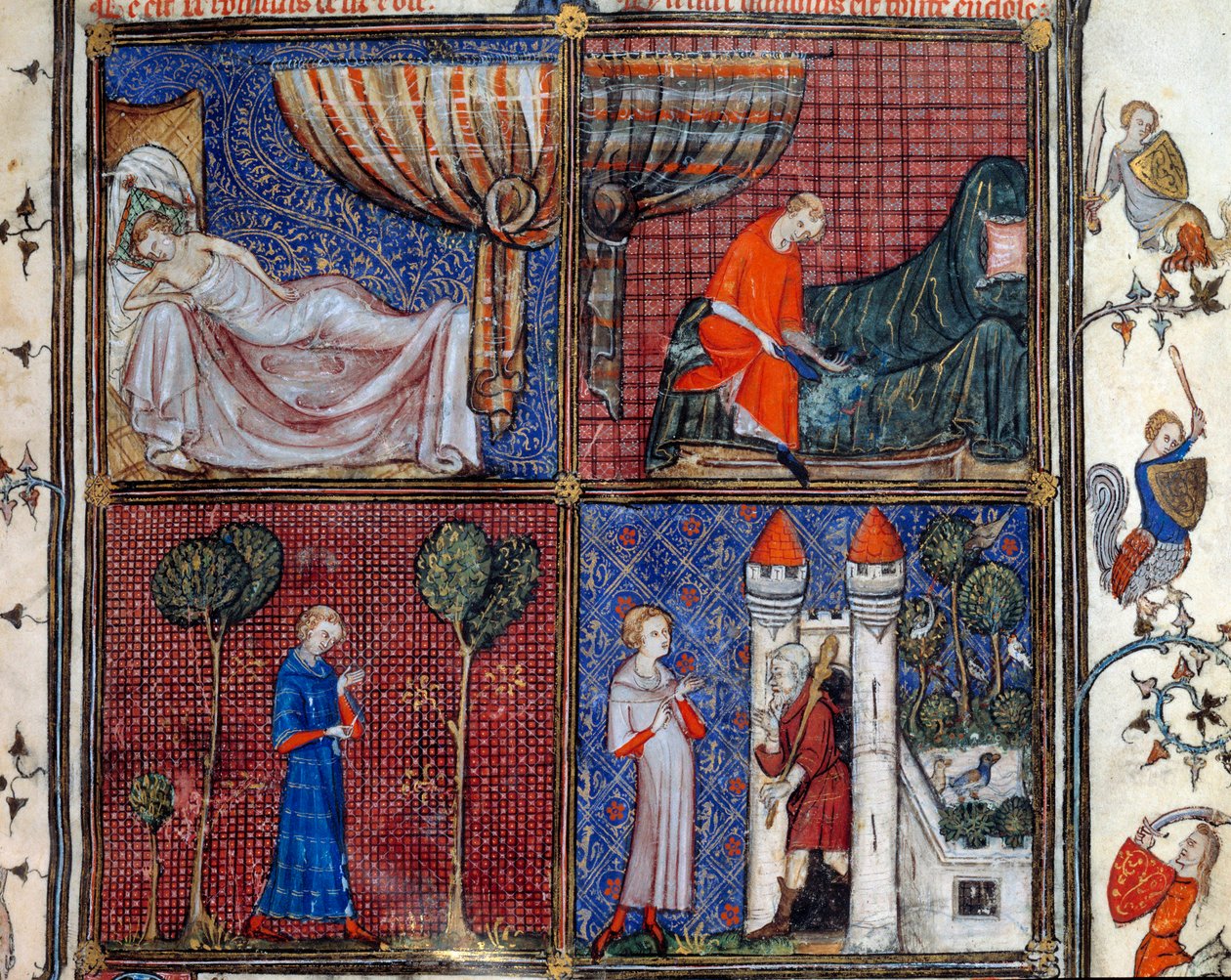 O sonho: O Amante Adormecido, a vestir-se, a coser a camisa e em frente da Casa do Prazer de Amour. Miniatura em "Roman de la rose" de Jean de Meun, Jean de Meung ou Jean Chopinel, Jean Clopinel (v.1240-1305), cerca de 1370. Chantilly, Musee Conde de French School