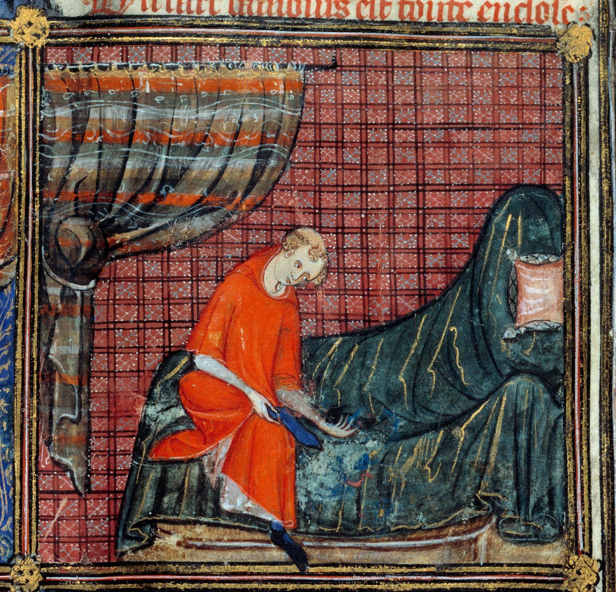 O sonho, detalhe: Os vestidos do Amante. Miniatura em "Roman de la rose" de Jean de Meun, Jean de Meung ou Jean Chopinel, Jean Clopinel (v.1240-1305), cerca de 1370. Chantilly, Musee Conde de French School