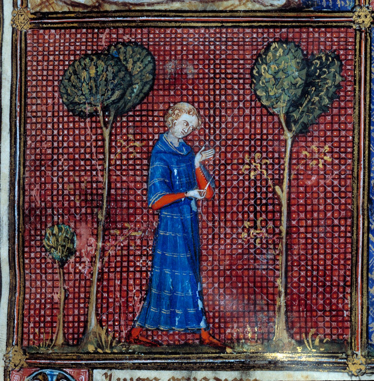 O sonho, pormenor: O amante a coser a manga da camisa. Miniatura em "Roman de la rose" de Jean de Meun, Jean de Meung ou Jean Chopinel, Jean Clopinel (v.1240-1305), cerca de 1370. Chantilly, Museu Conde de French School