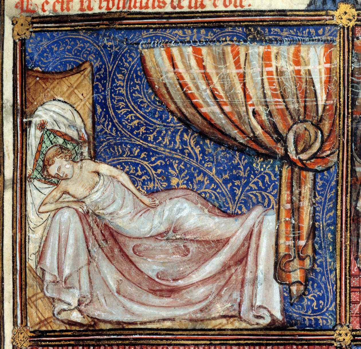 O sonho, pormenor: O amante adormecido. Miniatura em "Le Roman de la rose" de Jean de Meun, Jean de Meung ou Jean Chopinel, Jean Clopinel (v.1240-1305), cerca de 1370. Chantilly, Museu Conde de French School