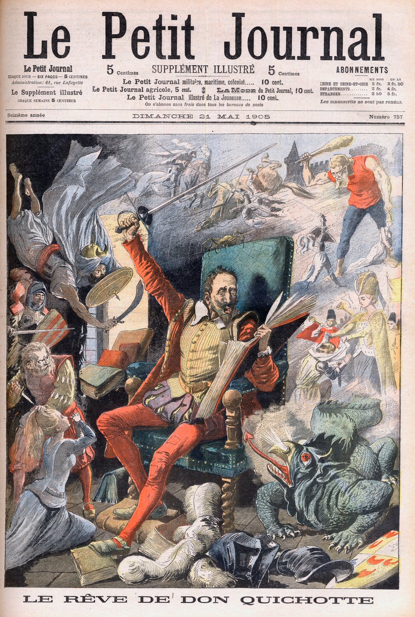O sonho de Dom Quixote. Le Reve de Don Quixote (Miguel De Cervantes) - Ilustração para o Le petit Journal, 21 de Maio de 1905. de French School